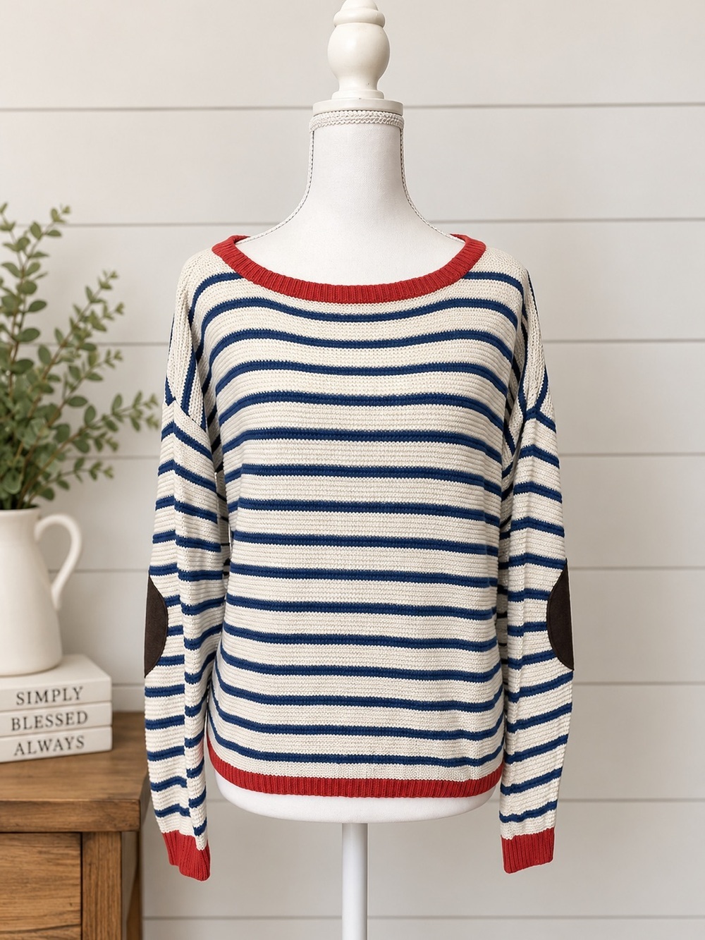 Lemon Tart Women’s Large Striped Knit Sweater Elbow Patches